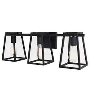 lot 51 image: Home Decorators Collection Hazel Heights 24 in. 3-Light Black Rustic Farmhouse Bathroom Vanity Light  Customer Returns See Pictures