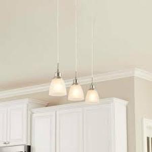lot 65 image: Hampton Bay Riverbrook 1-Light Brushed Nickel Mini Pendant with Frosted White Glass Shade (3-Pack)  Customer Returns See Pictures