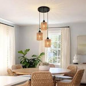 lot 11 image: Henveton Jasslynn 3- Light Farmhouse Brown Pendant Light Chandelier with Rattan Shade for Island Foyer Dinning Living Room    Customer Returns See Pictures