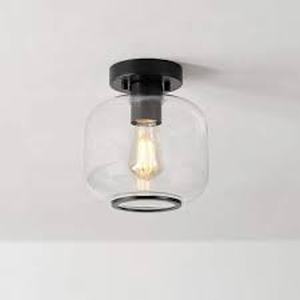 lot 28 image: Lot of Globe Electric 8 in. 1-Light Matte Black Flush Mount Ceiling Light with Clear Glass Shade Customer Returns See Pictures