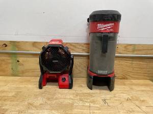 lot 278 image: Lot of 2 - Milwaukee Jobsite Fan and 3 in 1 Backpack Vacuum (Not Working)