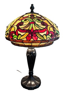 lot 1 image: Stained Glass Table Lamp with Ornate Art Nouveau Shade