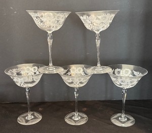 lot 77 image: Vintage Tiffin-Franciscan Cherokee Rose Etched Tall Sherbet Saucer Dishes  Champagne Martini Stemware