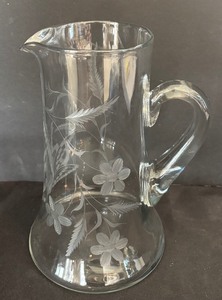 lot 94 image: Vintage Etched Glass Pitcher Featuring Floral Pattern