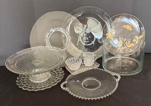 lot 98 image: Assorted Vintage Crystal and Clear Glass Platters, Pedestal Plate, SugarCreamer Serving Set, Bowl and More