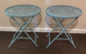 lot 138 image: Two Pretty Blue Patio Metal Accent Tables