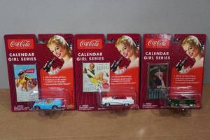 lot 141 image: 3 Coca-Cola Calendar Girl Series Die Casts - 54 Corvette, Ford Delivery Van