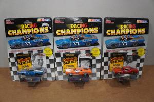 lot 178 image: 3 Racing Champions Ford Collectors Stock CarCollectors Cards and Stand