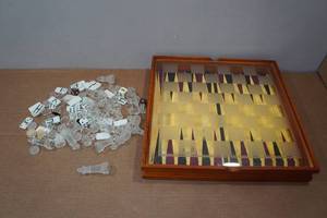 lot 259 image: Vintage Glass Topped ChessCheckersParcheesi Game Set