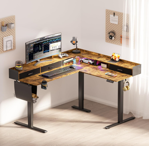 lot 7 image: 63 Inches Height Adjustable L Shaped Standing Desk with 3 Drawers and Monitor Shelf