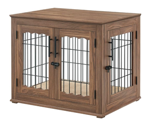 lot 32 image: beeNbkks Furniture Style Dog Crate End Table, Double Doors Wooden Wire Dog Kennel with Pet Bed