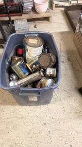 lot 83 image: Collection of Assorted Paint Cans, Primers, and Wood Finishes in Storage Bin