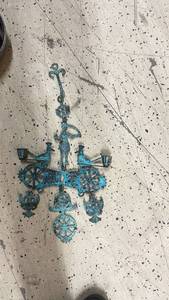 lot 105 image: Decorative Blue Patina Metal Candle Holder with Folk Art Motif