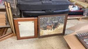 lot 128 image: Solid Oak Framed Wall Mirror and Framed Horse Logging Painting