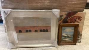 lot 129 image: Collection of 3 Framed Artwork Pieces Including Native American Portrait and Seascape