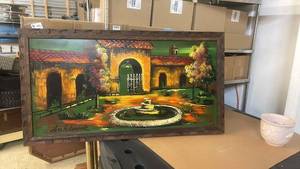 lot 131 image: Framed Signed Painting Featuring Courtyard and Fountain Scene