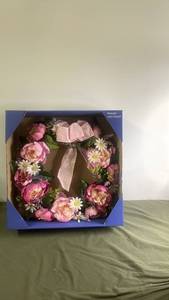 lot 228 image: Boxed Floral Wreath with Stand and Pink Ribbon Bow