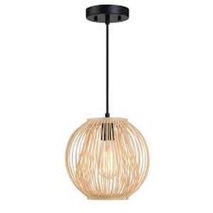lot 56 image: Hukoro 60-Watt 1 Light Matte Black Shaded Pendant Light with Rattan Shade, No Bulbs Included Customer Returns See Pictures