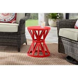 lot 59 image: Hampton Bay Ruby Red 18.9 in. Round Metal Outdoor Patio Garden Stool Customer Returns See Pictures
