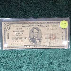 lot 37 image: 1929 $5 Bank of Denver Currency Note