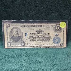 lot 38 image: 1903 Bank of The City of New York $5 Horse Blanket Very Nice Orignal Large Note