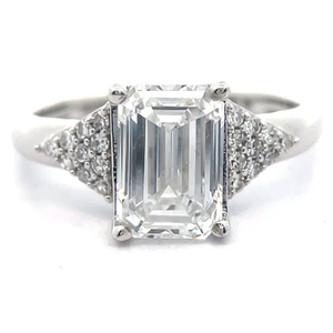 lot 8 image: 2 Carat Emerald Cut Diamond Pav Triangle Ring in 14k White Gold