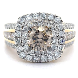 lot 6 image: 2.50 Carat Champagne & White Diamond Double Halo Pav Ring in 14k Yellow Gold