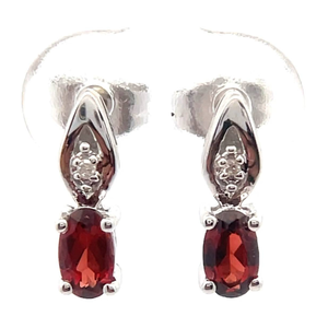 lot 30 image: Oval Garnet & Natural Diamond Cluster Earrings in 14k White Gold