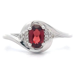 lot 28 image: NEW Red Garnet & Natural Diamond Bypass Swirl Ring in 14k White Gold