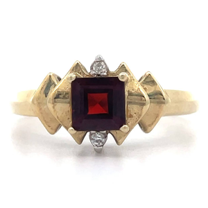 lot 23 image: NEW Red Garnet & Natural Diamond Tiered Geometric Ring in Yellow Gold