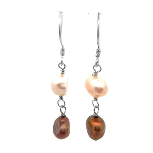 lot 40 image: Cultured Golden Brown & White Pearl Drop Earrings