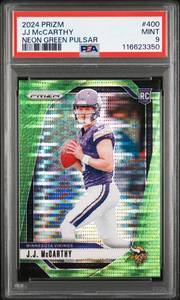 lot 10 image: JJ MCCARTHY 2024 PANINI PRIZM NEON GREEN PULSAR PSA 9 116623350