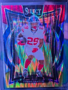 lot 192 image: TYRONE TRACY JR 2024 PANINI SELECT CONCOURSE RED & YELLOW PRIZM SHOCK ROOKIE CARD