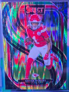 lot 164 image: XAVIER WORTHY 2024 PANINI SELECT PREMIER LEVEL GREEN & YELLOW PRIZM SHOCK