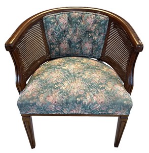 lot 52 image: Vintage 1940s French Toile Barrel Back Cane with Upholstered Flower Pattern