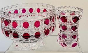lot 60 image: Vintage Glass Footed Bowl and Vase with Cranberry Glass Accents