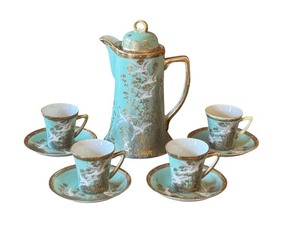 lot 3 image: Antique Hand Painted Japanese Porcelain Chocolate Pot Set with 4 Cups and Saucers NYT