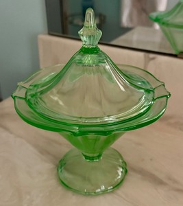 Vintage Uranium Glass Covered Compote Dish