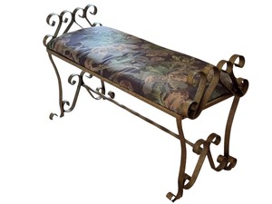lot 11 image: Upholstered Metal Scrollwork Bench with Floral Cushion