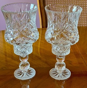 lot 16 image: Pair of 11 Inch Cut Crystal Hurricane Candle Holders