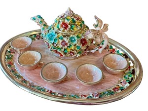 lot 19 image: Decorative Miniature Bejeweled Floral Teapot and Cups Set with Dragonfly Accent on Tray