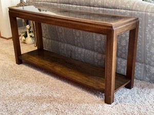 lot 20 image: Vintage Glass Top Sofa Table with Wood Frame and Lower Shelf