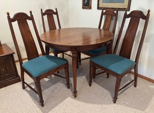 lot 6 image: Round Wood Dining Table with 4 High-Back Chairs