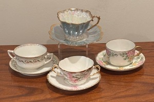 lot 79 image: Four Vintage Teacups with Saucers by Vienna, Fan Crest, Royal Bavaria and More
