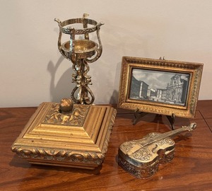 lot 132 image: Vintage Lego of Japan Velvet Lined Violin Motif Trinket Box, Lidded Box, Candle Holder and Print