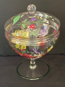 lot 244 image: Very Pretty Hand Painted Floral Glass Candy Dish