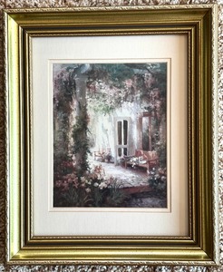 lot 105 image: Gold Framed Artwork French Style Flowers, Bench and Door