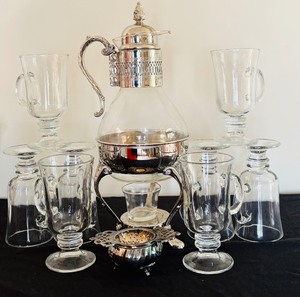 lot 109 image: Glass Coffee Carafe with Silverplate Stand and 6 Mugs, 15 Inch Tall