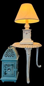 lot 111 image: Beautiful Decor Including Cast Iron Plant Stand, Small Table Lamp and Candle Bird Cage
