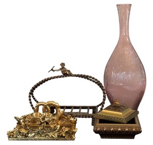 lot 203 image: Beautiful Bathroom Decor Including Brass Color Towel Holder, Trinket, Vase and More